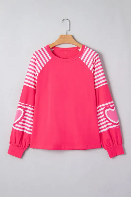 Pink Heart Shape Striped Patchwork Long Sleeve Loose Top sold by Beagle Boutique