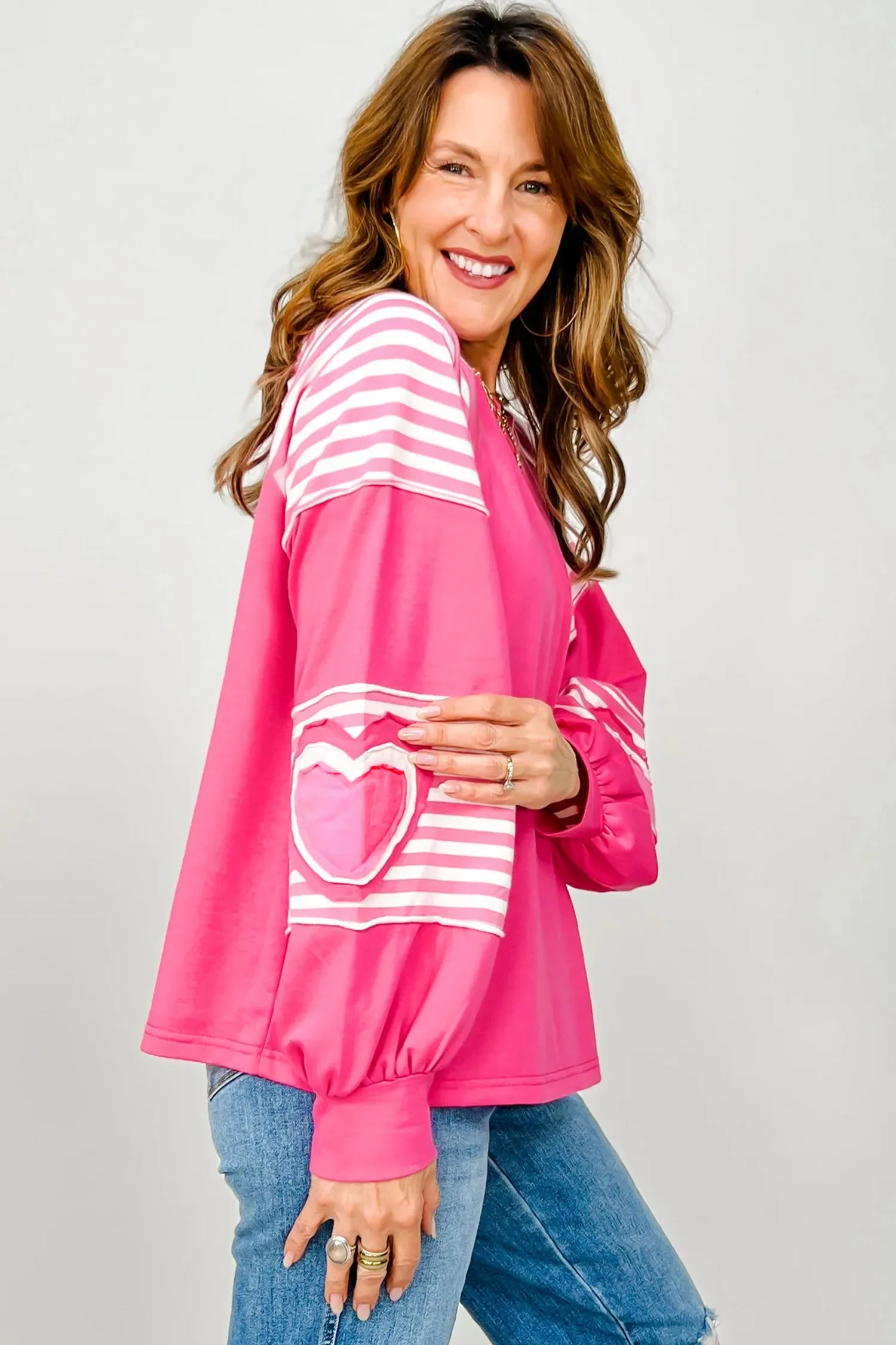 Pink Heart Shape Striped Patchwork Long Sleeve Loose Top sold by Beagle Boutique product image thumbnail 4