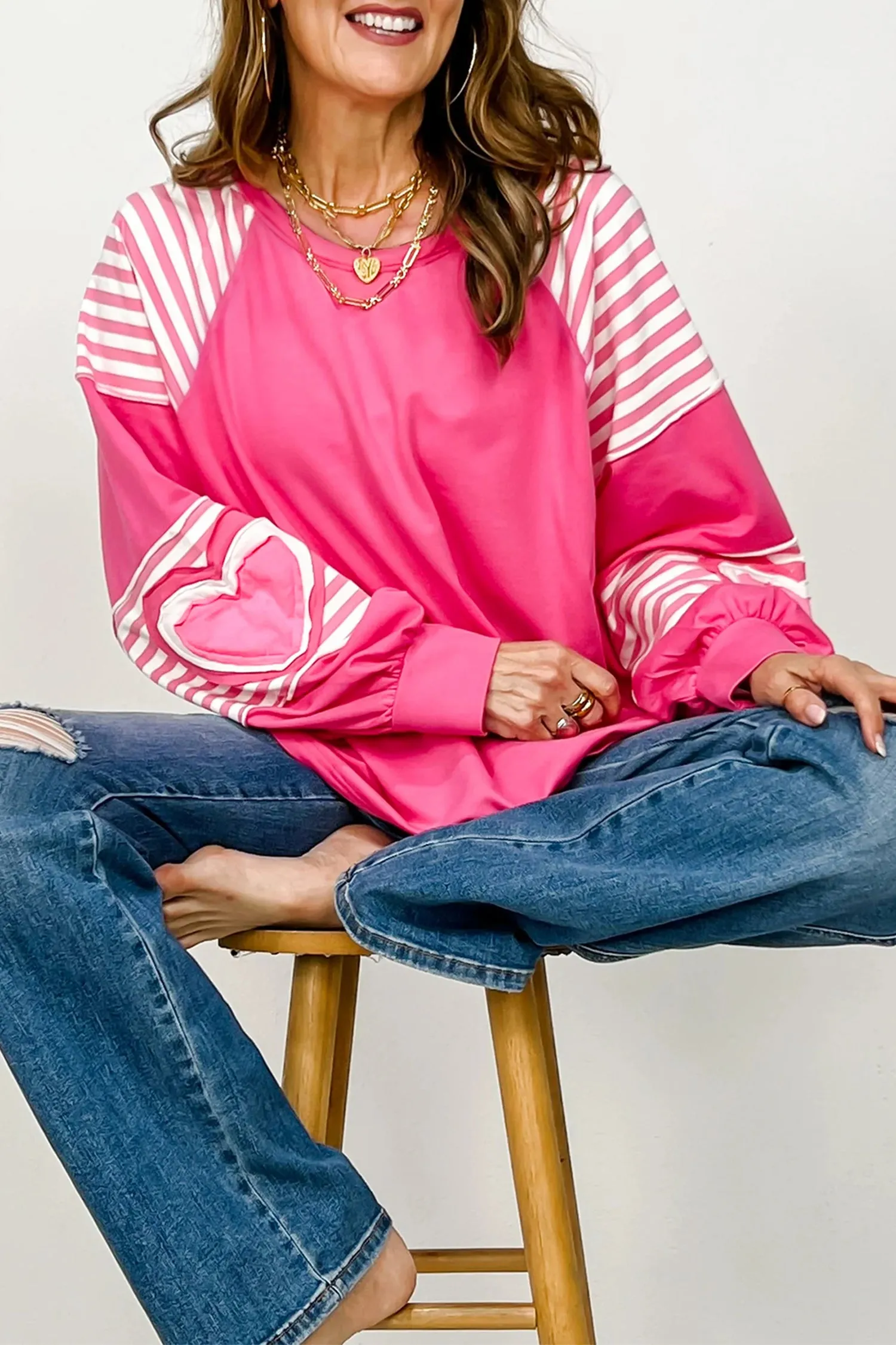 Pink Heart Shape Striped Patchwork Long Sleeve Loose Top sold by Beagle Boutique product image thumbnail 2