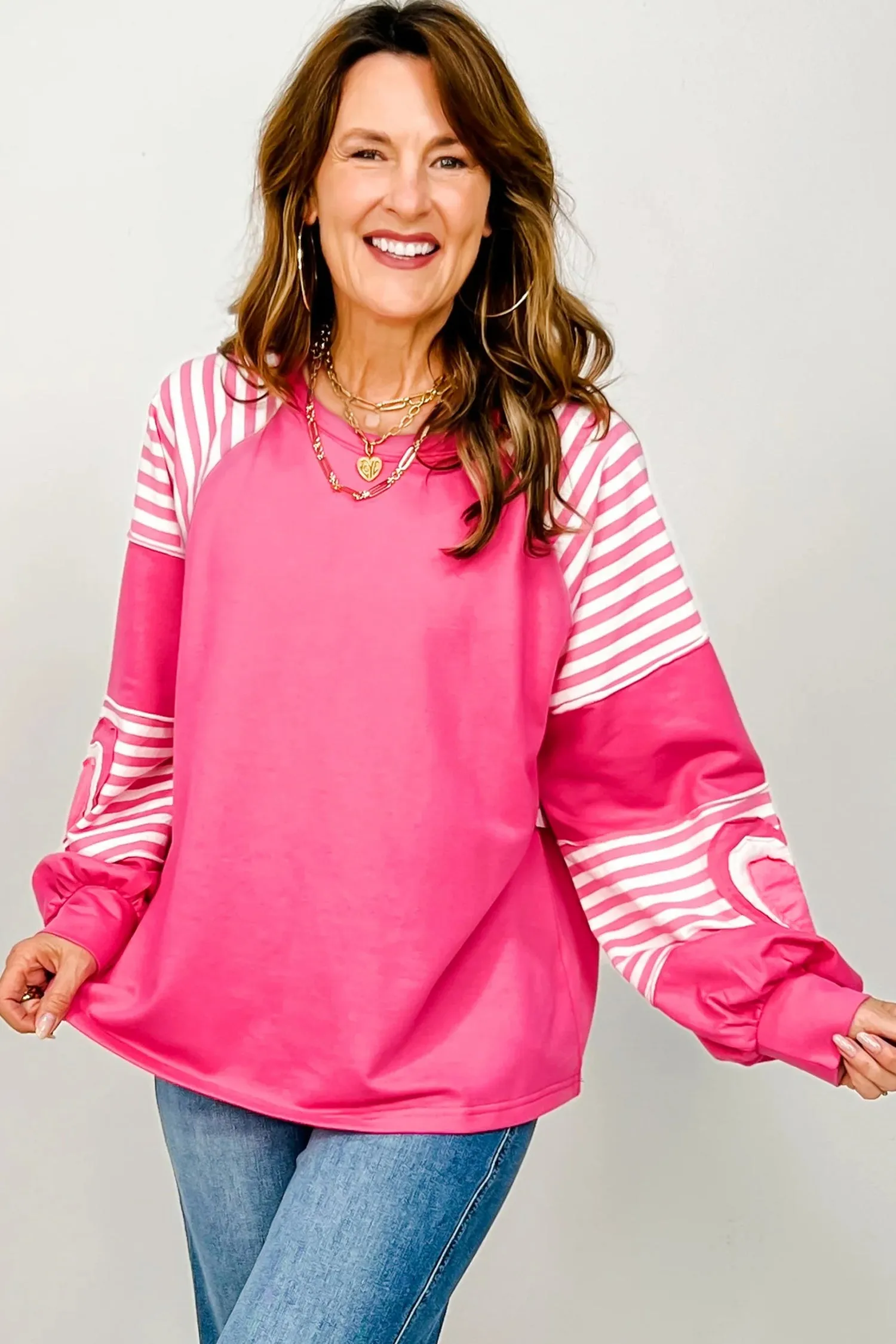 Pink Heart Shape Striped Patchwork Long Sleeve Loose Top sold by Beagle Boutique product image thumbnail 5