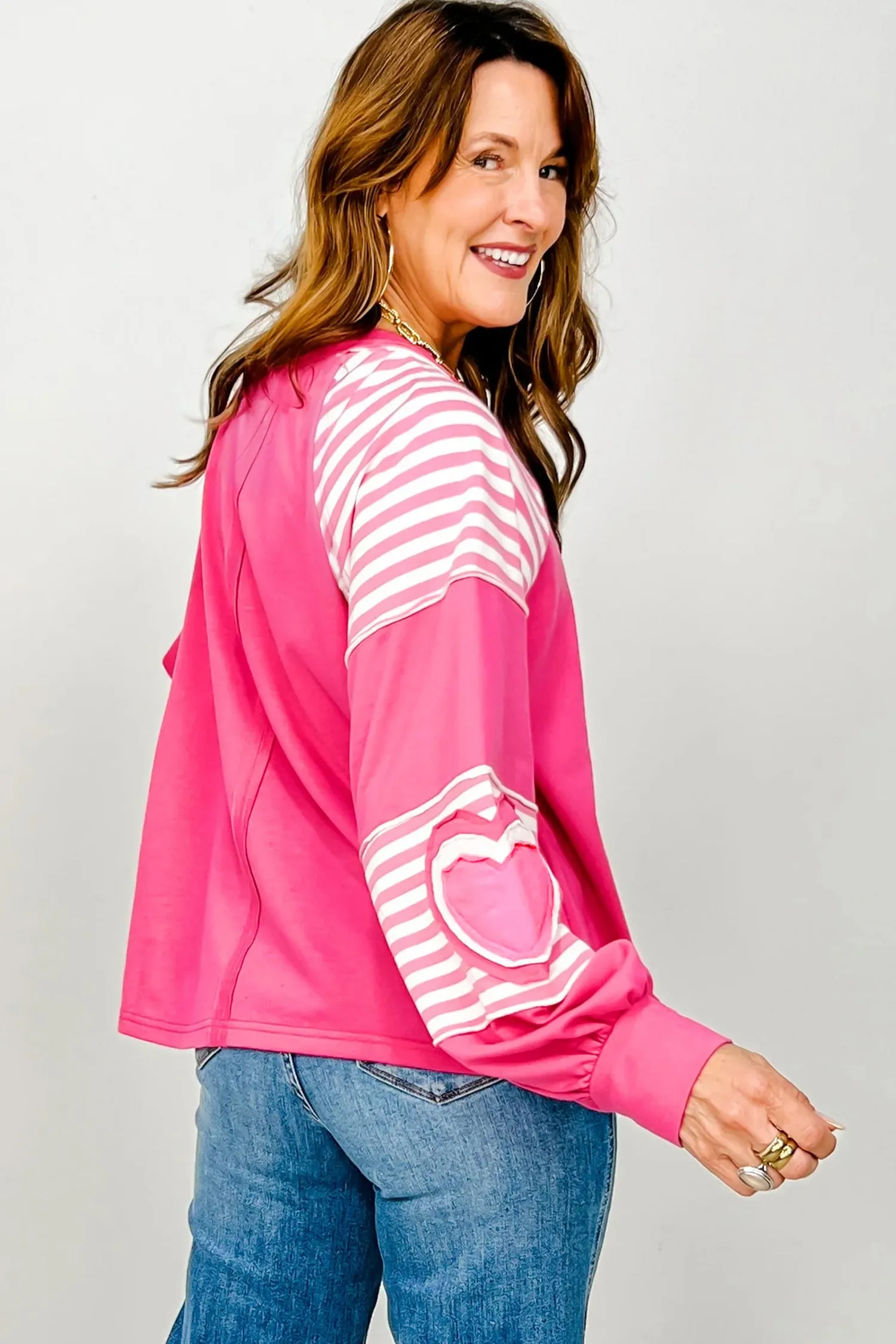 Pink Heart Shape Striped Patchwork Long Sleeve Loose Top sold by Beagle Boutique product image thumbnail 3