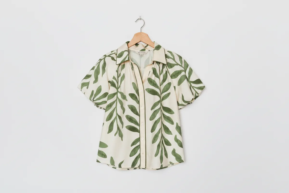 Green Leaf Print Short Balloon Sleeve Shirt made by Beagle Boutique