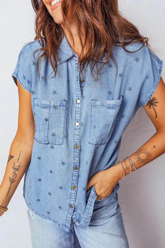 Star Print Double Chest Pocket Short Sleeve Denim Shirt sold by Beagle Boutique