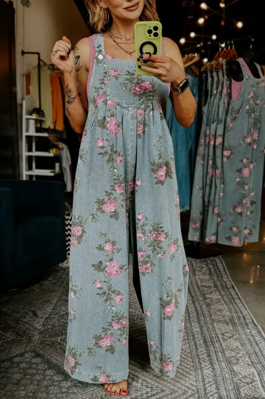 Floral Print Wide Leg Denim Dungarees Jumpsuit sold by Beagle Boutique