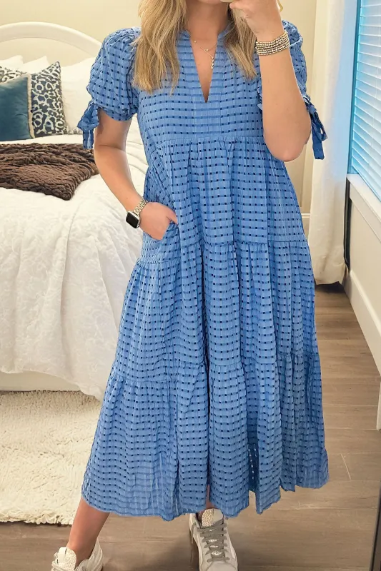 Gingham Textured Bow Tie Short Sleeve Tiered Midi Dress made by eAura
