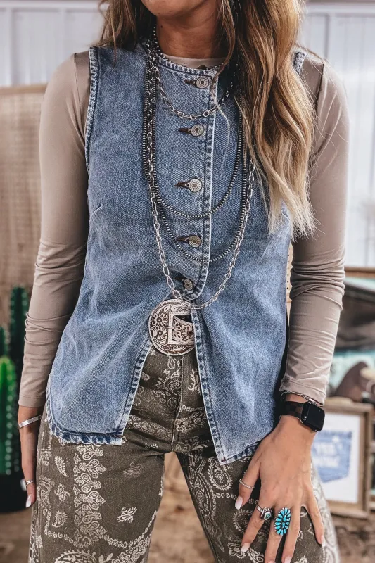 Blue Buttoned Front Slit Denim Vest sold by Beagle Boutique