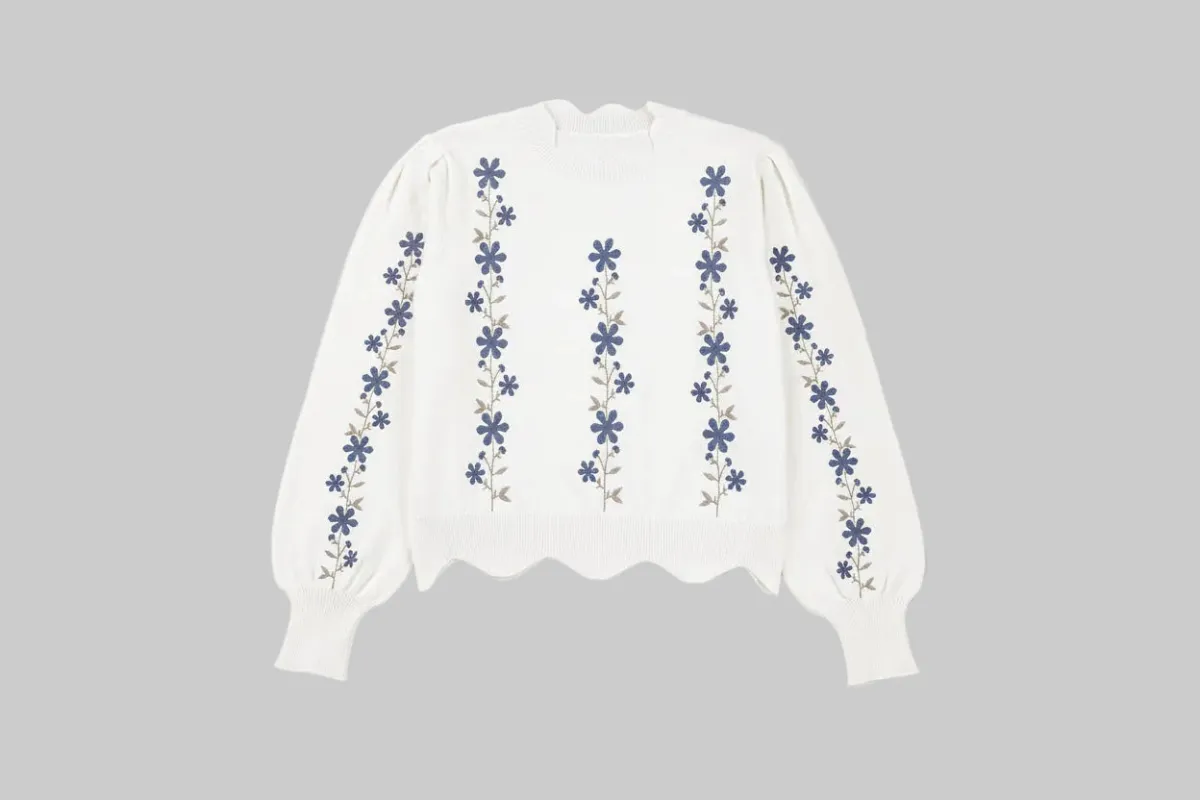 White Floral Embroidered Scallop Hem Cropped Sweater sold by Beagle Boutique