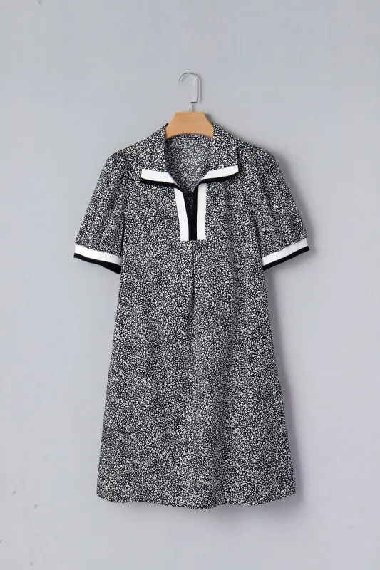 Black Leopard Print Contrast Striped Trim Polo Collar Short Sleeve Dress with Pockets sold by Beagle Boutique