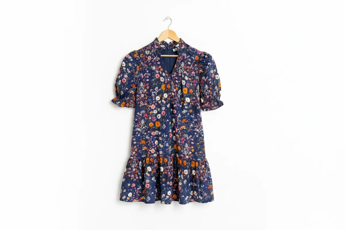 Wild Daisy Floral Split Neck Short Puff Sleeve Mini Dress sold by Beagle Boutique