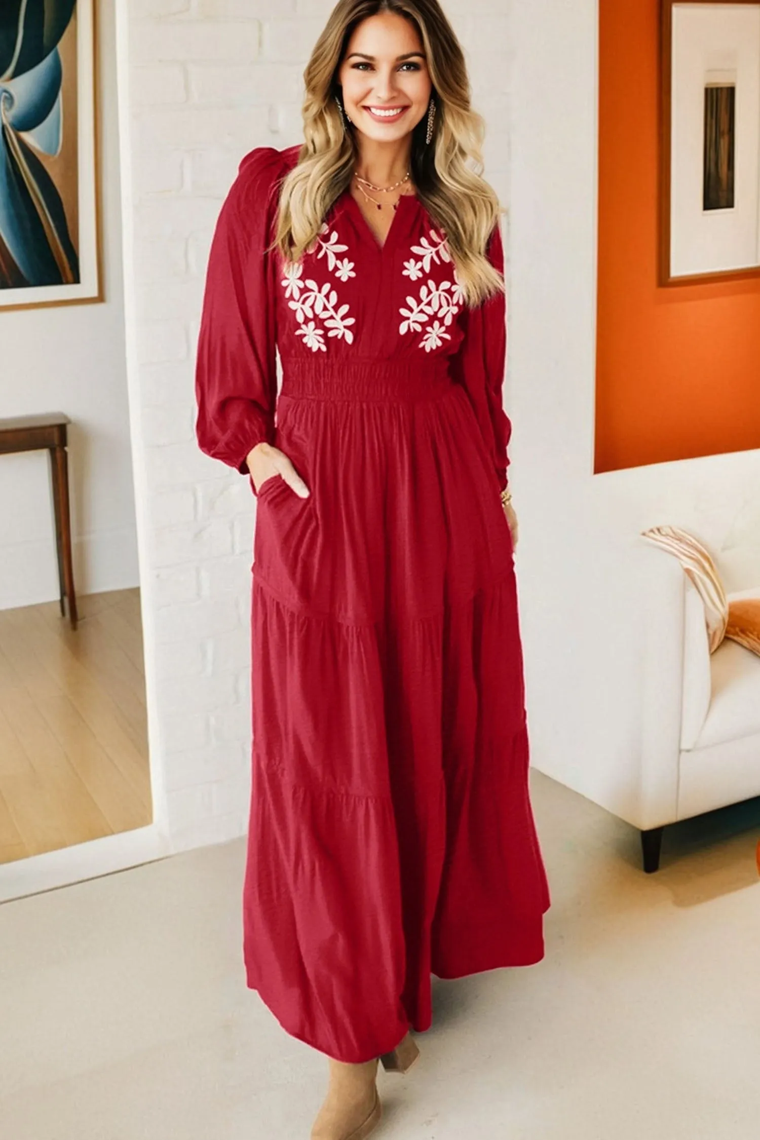 Contrast Embroidered Detail Cinched Waist Tiered Long Sleeve Maxi Dress sold by Beagle Boutique product image thumbnail 4