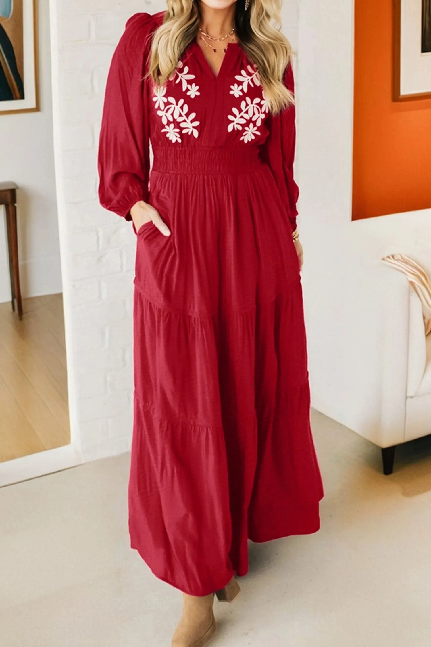 Contrast Embroidered Detail Cinched Waist Tiered Long Sleeve Maxi Dress sold by Beagle Boutique product image thumbnail 2