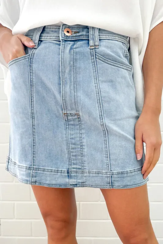 Exposed Seam Detail Denim Mini Skirt with Pockets sold by Beagle Boutique