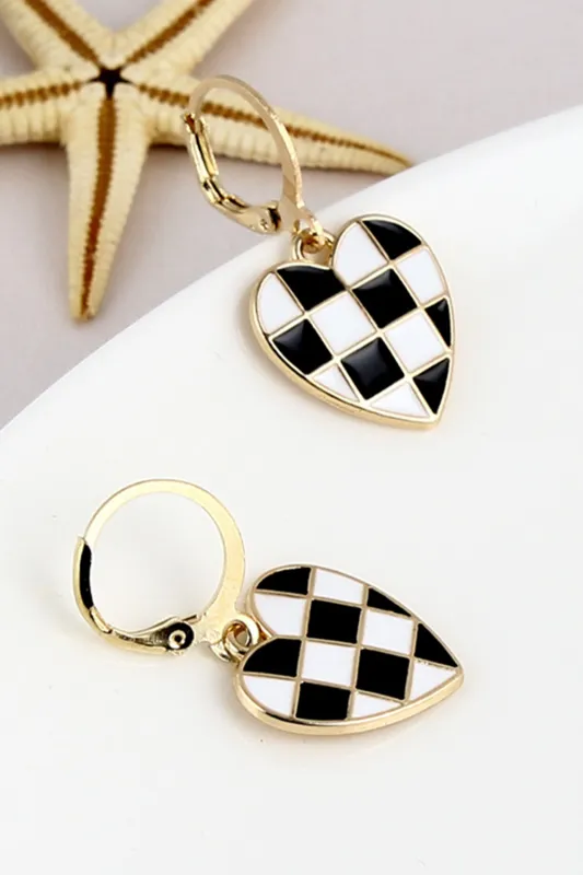 Black Checkered Heart Shaped Hoop Dangle Earrings sold by Beagle Boutique