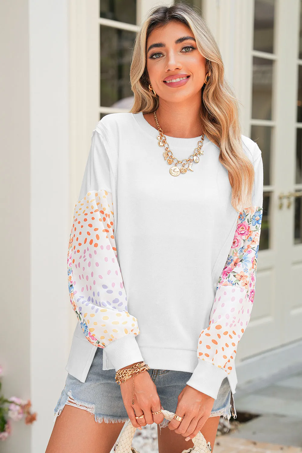 White Floral Dotted Print Patchwork Sleeve High Low Sweatshirt sold by Beagle Boutique product image thumbnail 3