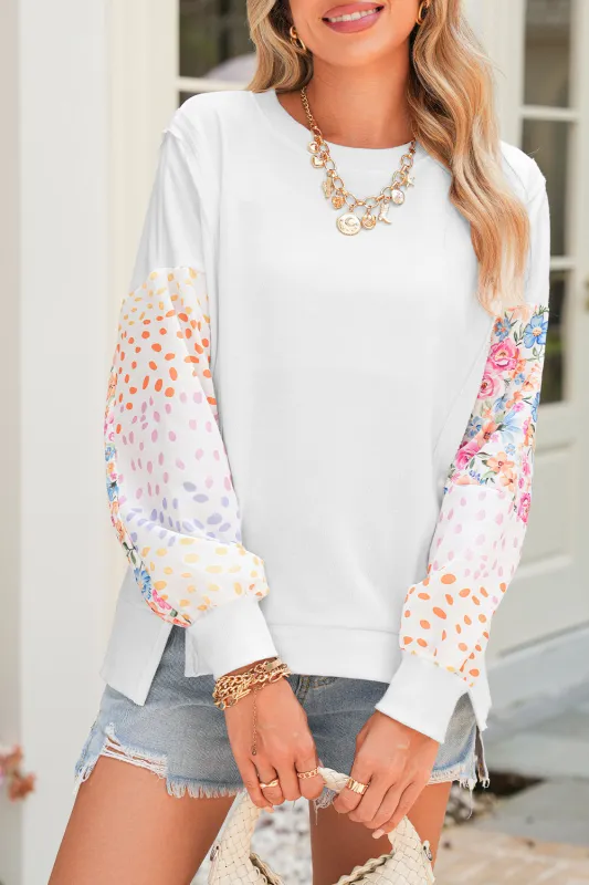White Floral Dotted Print Patchwork Sleeve High Low Sweatshirt sold by Beagle Boutique
