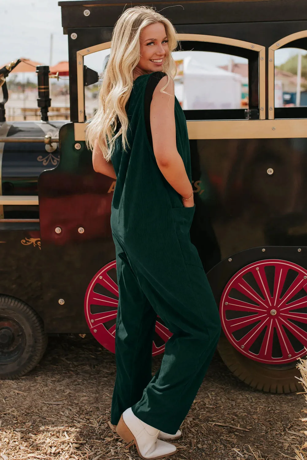 Green Corduroy V-Neck Patched Pocket Sleeveless Jumpsuit sold by Beagle Boutique product image thumbnail 4
