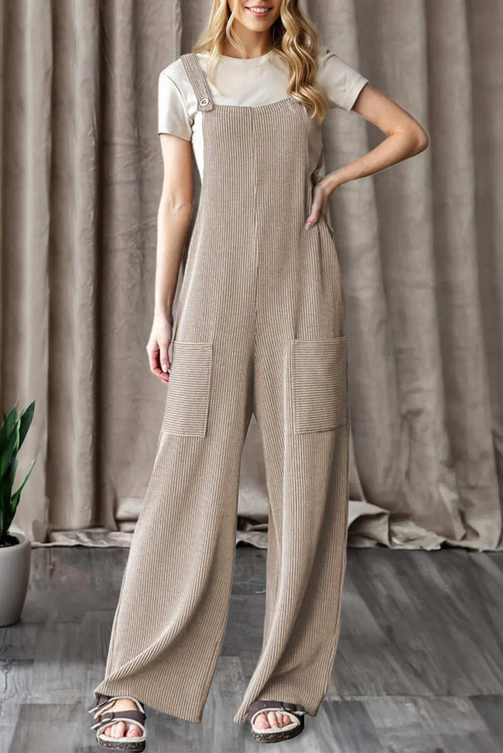 Ribbed Knit Patched Pocket Wide Leg Dungarees Overalls sold by Beagle Boutique product image thumbnail 2