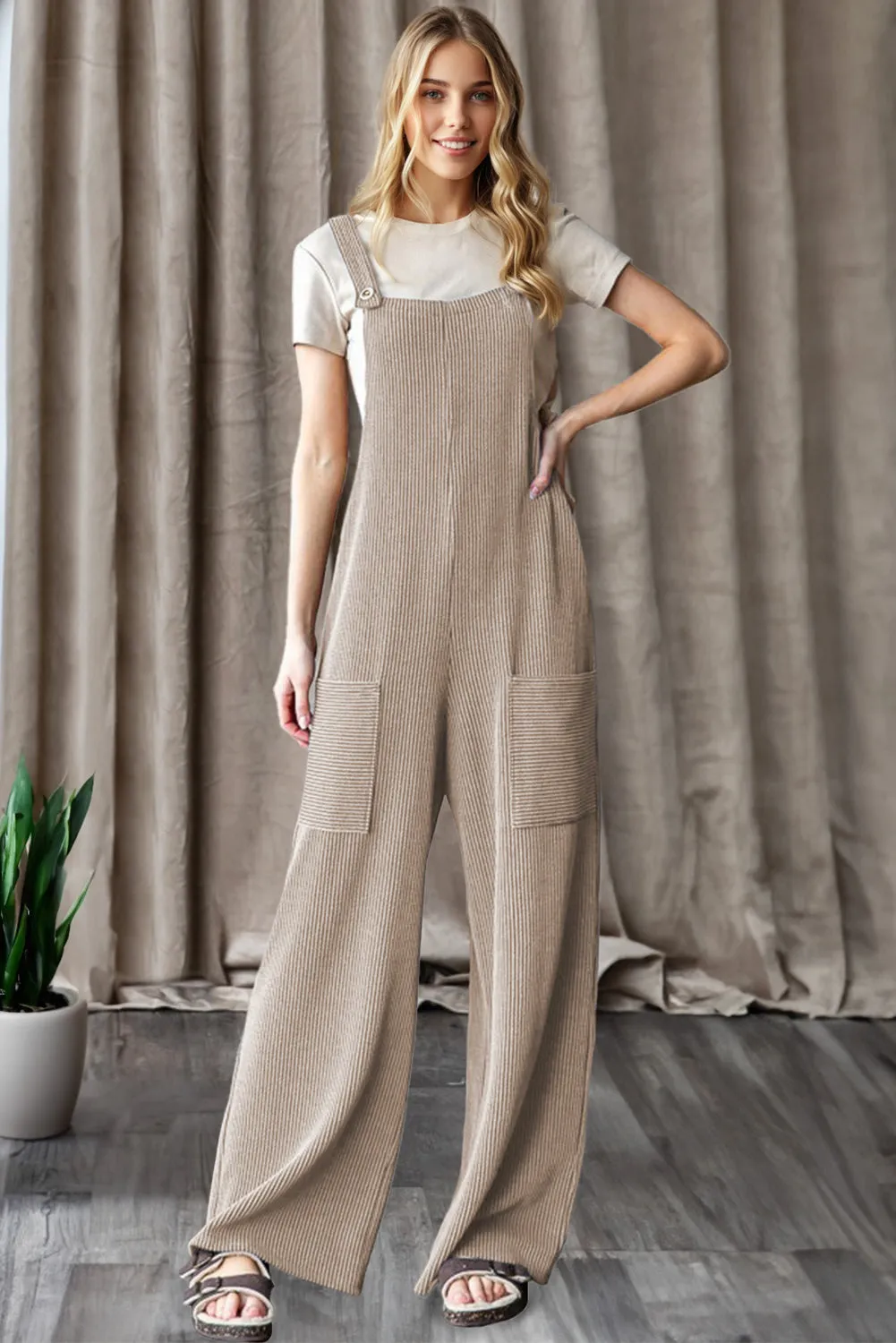 Ribbed Knit Patched Pocket Wide Leg Dungarees Overalls sold by Beagle Boutique product image thumbnail 5