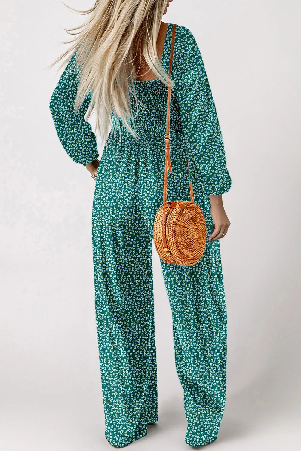 Green Floral Print Shirred Bodice Square Neck Wide Leg Jumpsuit sold by Beagle Boutique product image thumbnail 2