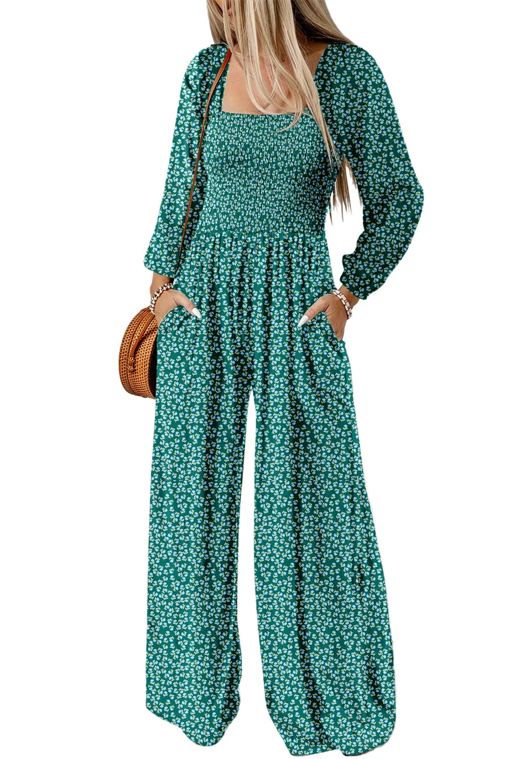 Green Floral Print Shirred Bodice Square Neck Wide Leg Jumpsuit sold by Beagle Boutique product image thumbnail 3