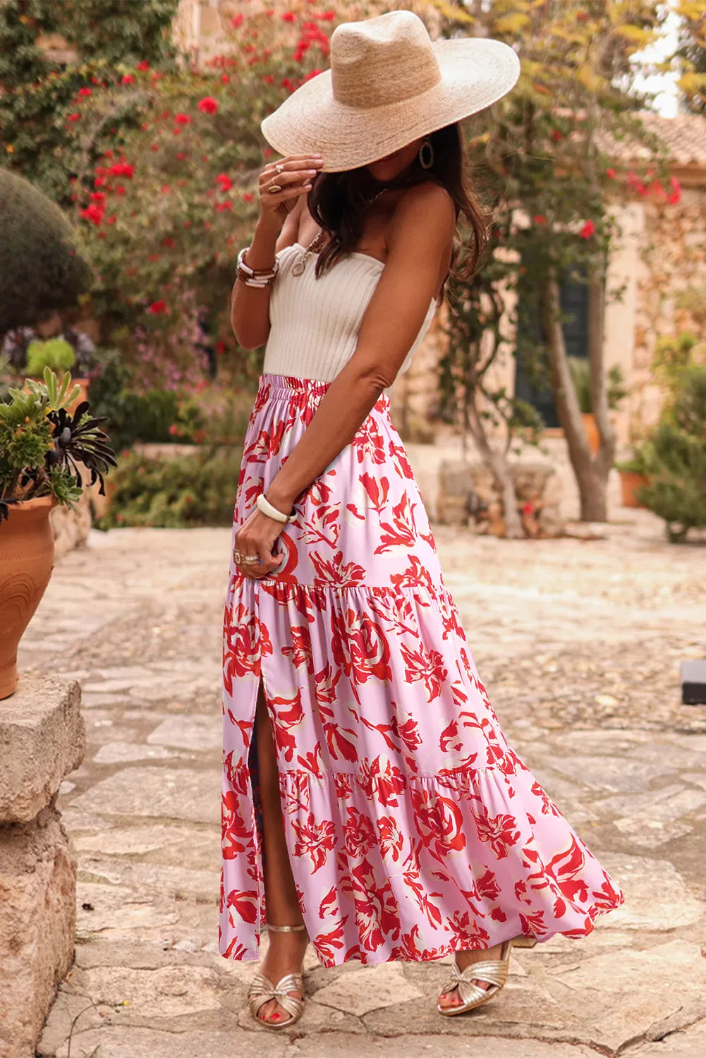 Bohemian Floral Print Tiered Maxi Skirt with Split sold by Beagle Boutique