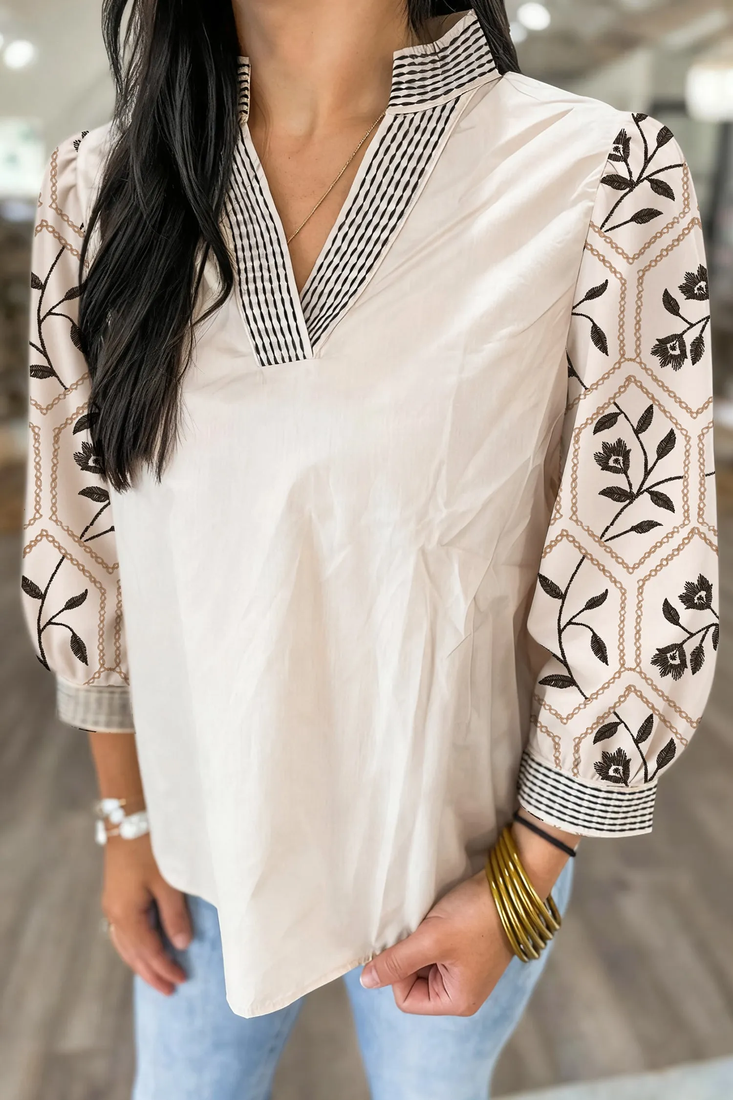 Floral Puff Sleeve Contrast V-Neck Patchwork Blouse sold by Beagle Boutique product image thumbnail 2