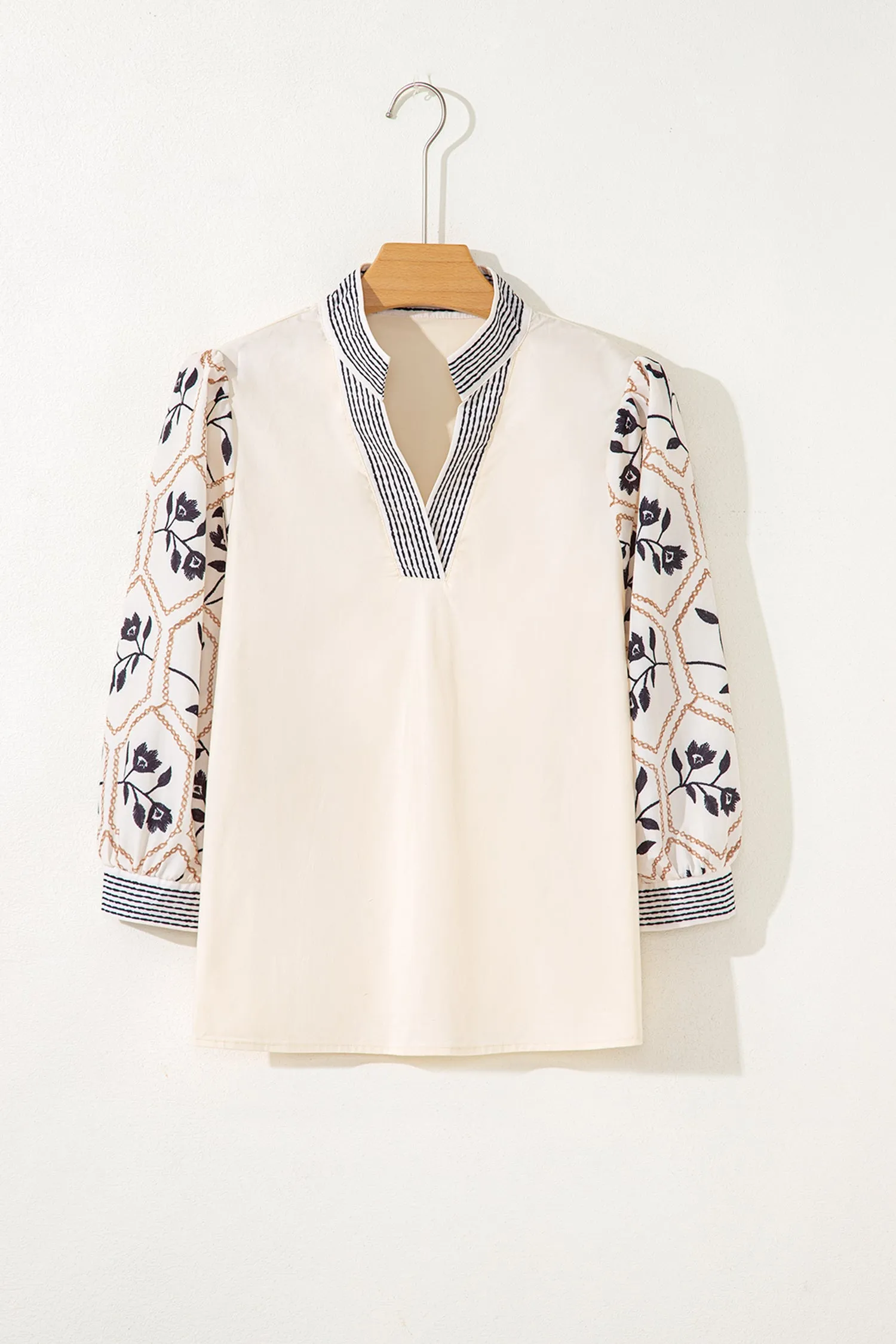 Floral Puff Sleeve Contrast V-Neck Patchwork Blouse sold by Beagle Boutique