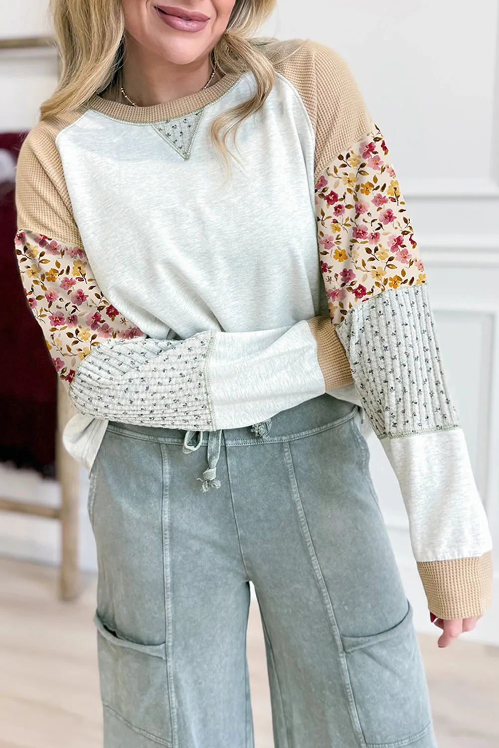 Mixed Print Raglan Sleeve Patchwork Exposed Seam Pullover Top sold by Beagle Boutique product image thumbnail 2