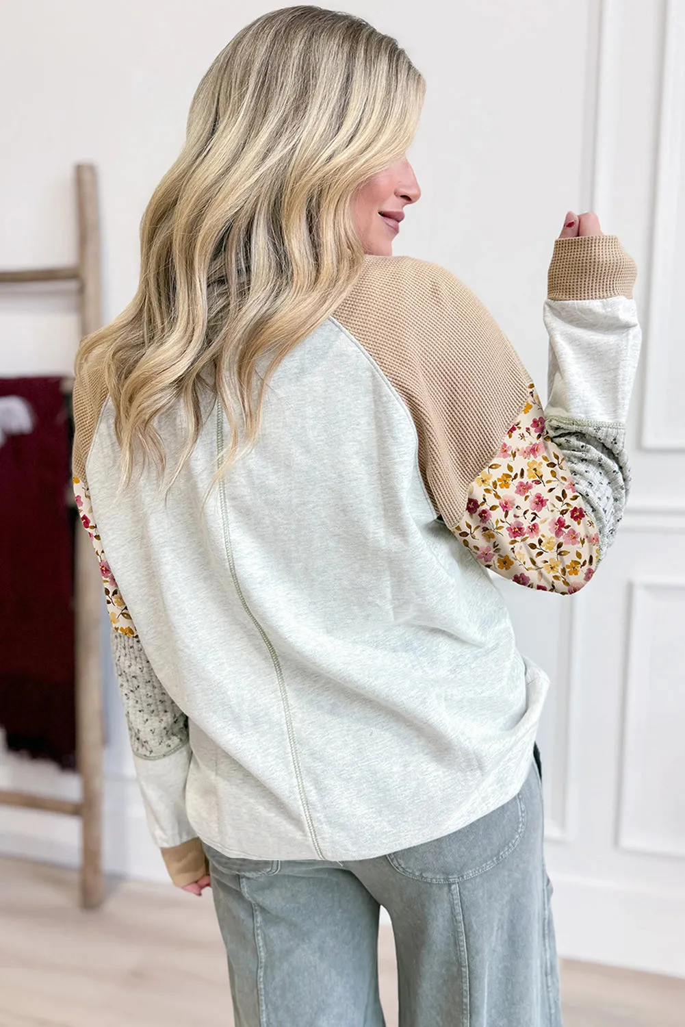 Mixed Print Raglan Sleeve Patchwork Exposed Seam Pullover Top sold by Beagle Boutique product image thumbnail 3