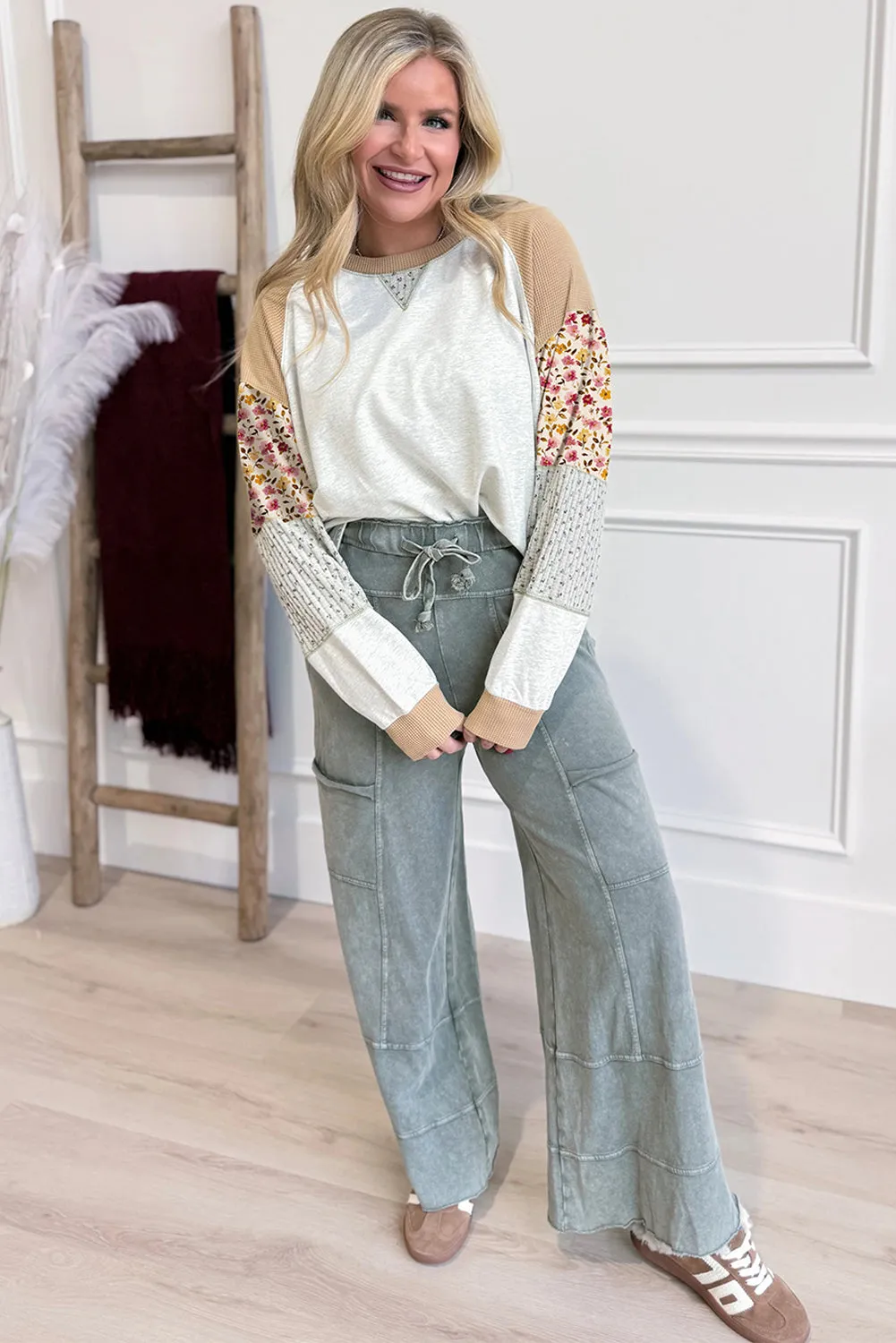 Mixed Print Raglan Sleeve Patchwork Exposed Seam Pullover Top sold by Beagle Boutique product image thumbnail 5