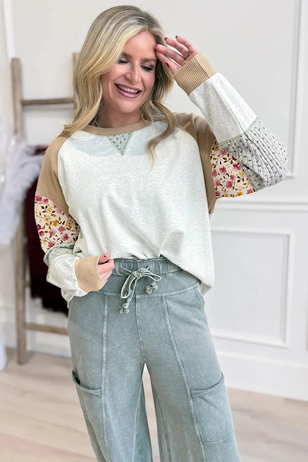 Mixed Print Raglan Sleeve Patchwork Exposed Seam Pullover Top sold by Beagle Boutique product image thumbnail 4