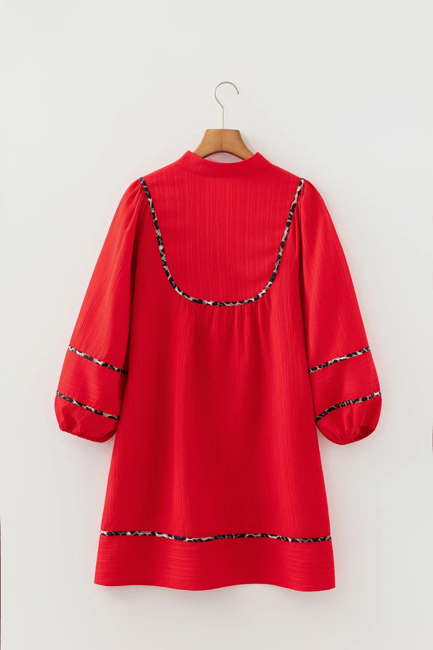 Red Textured V-Neck Leopard Contrasted Trim Long Sleeve Shift Mini Dress sold by Beagle Boutique product image thumbnail 5