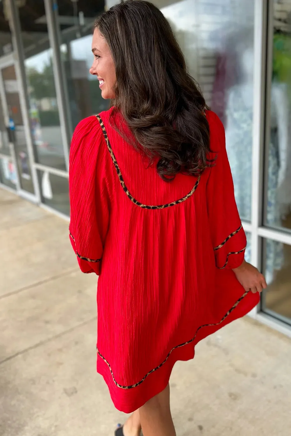 Red Textured V-Neck Leopard Contrasted Trim Long Sleeve Shift Mini Dress sold by Beagle Boutique product image thumbnail 3