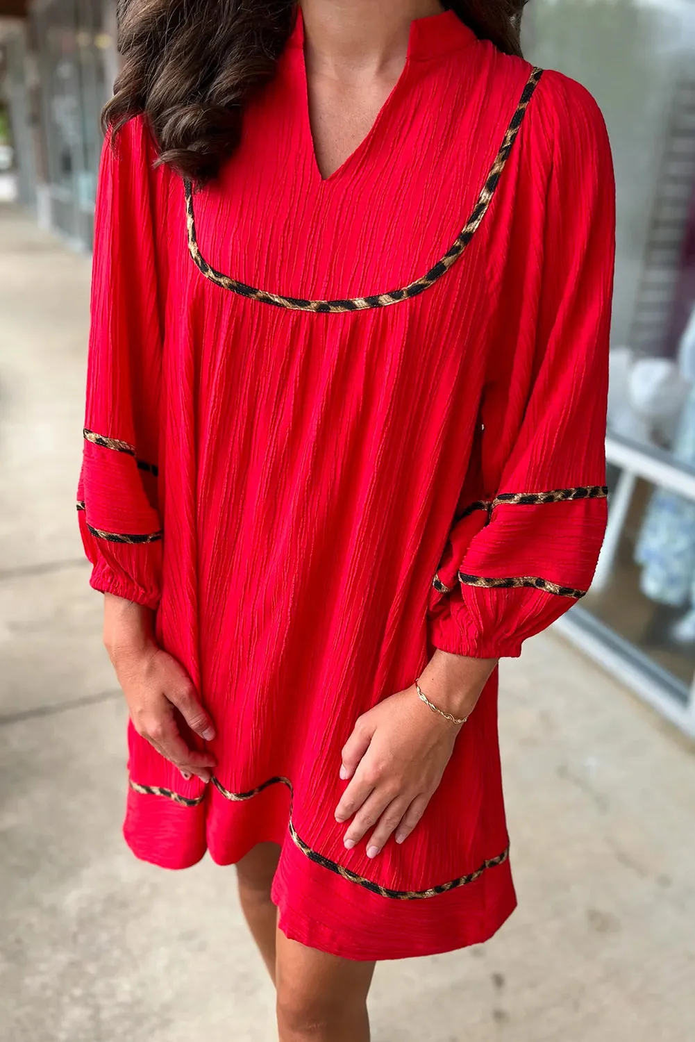 Red Textured V-Neck Leopard Contrasted Trim Long Sleeve Shift Mini Dress sold by Beagle Boutique product image thumbnail 2