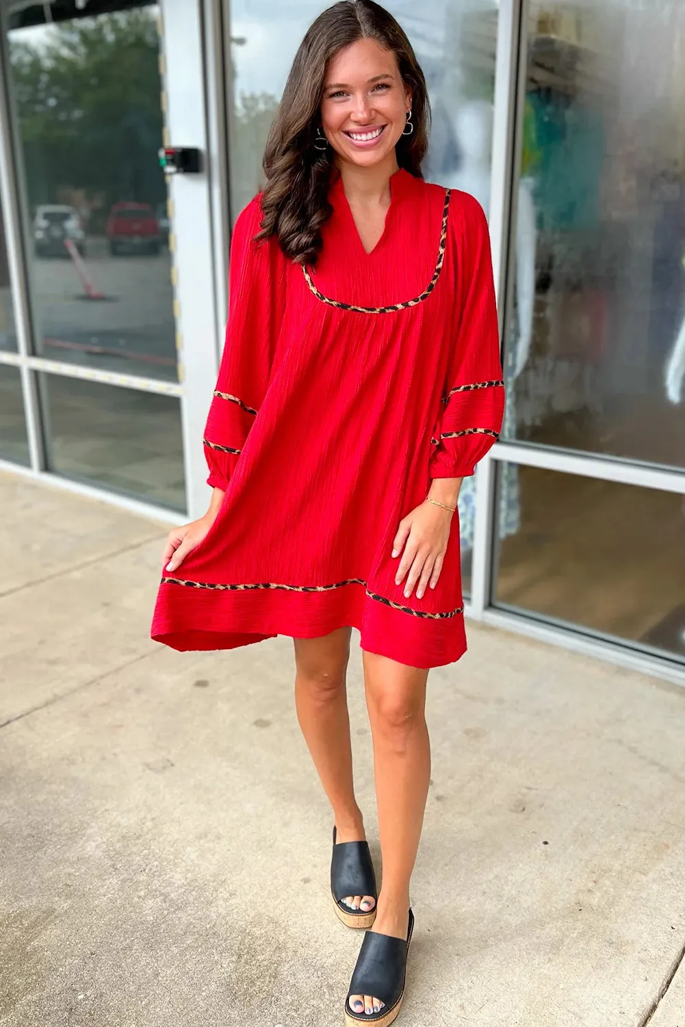 Red Textured V-Neck Leopard Contrasted Trim Long Sleeve Shift Mini Dress sold by Beagle Boutique product image thumbnail 4