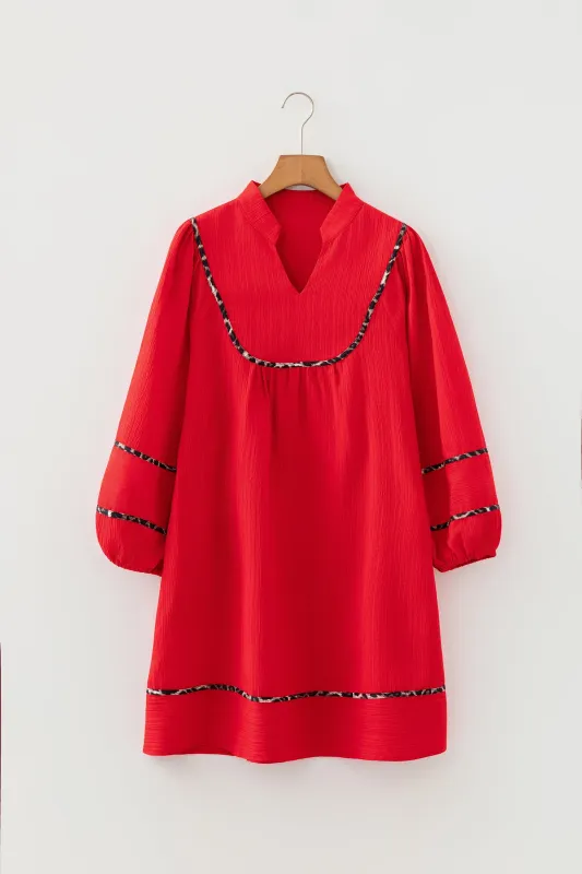 Red Textured V-Neck Leopard Contrasted Trim Long Sleeve Shift Mini Dress made by Beagle Boutique