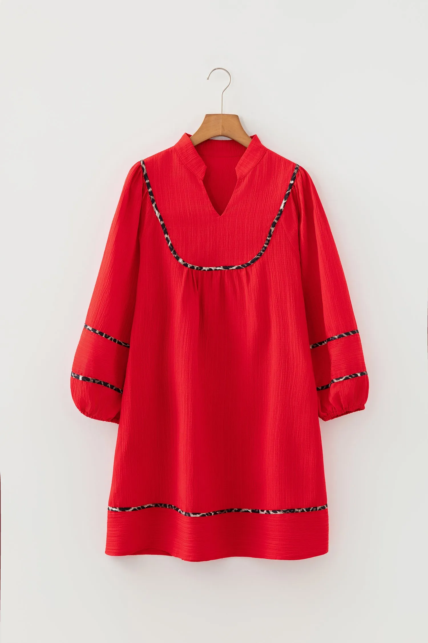 Red Textured V-Neck Leopard Contrasted Trim Long Sleeve Shift Mini Dress sold by Beagle Boutique