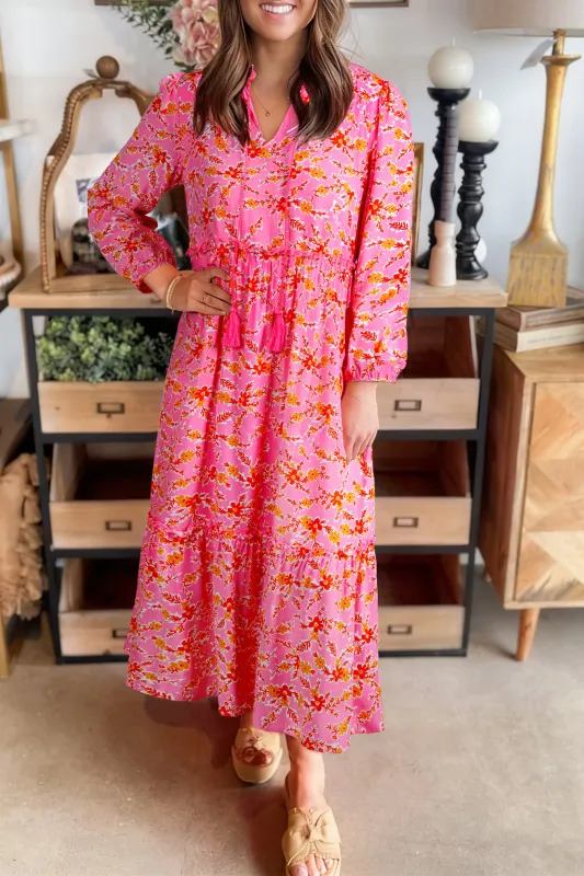 Pink Floral Long Sleeve Tassel Tied V-Neck Maxi Dress sold by Beagle Boutique
