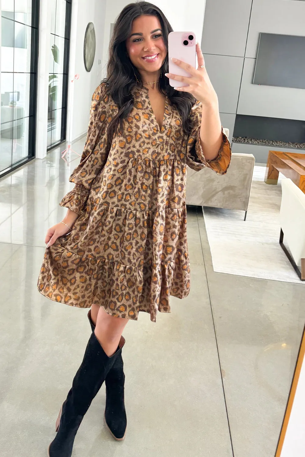 Khaki Leopard Print V-Neck Ruffled Sleeve Tiered Loose Mini Dress sold by Beagle Boutique product image thumbnail 3