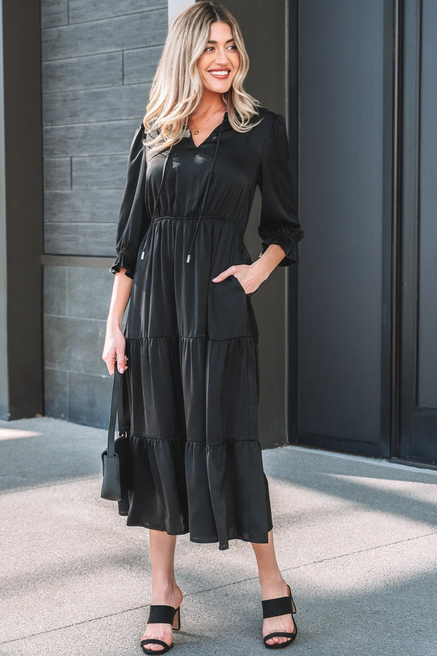 Black Flounced Bracelet Sleeve V-Neck Tiered Maxi Dress sold by Beagle Boutique