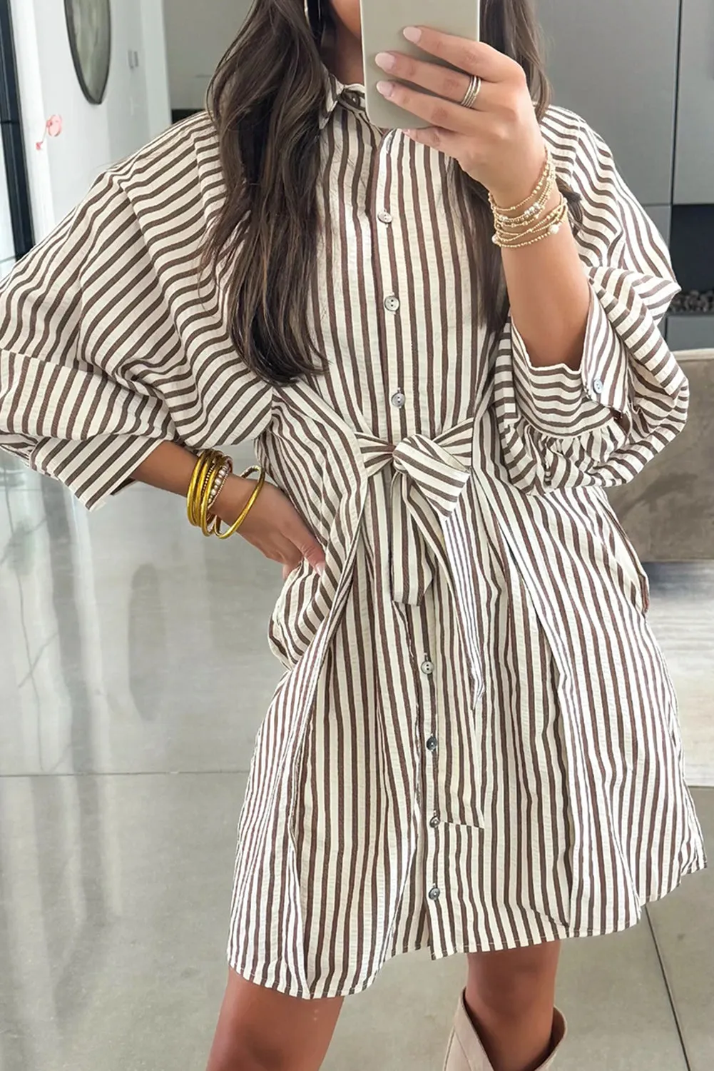 Stripe Knot Waist Puff Sleeve Button Down Mini Shirt Dress sold by Beagle Boutique product image thumbnail 2