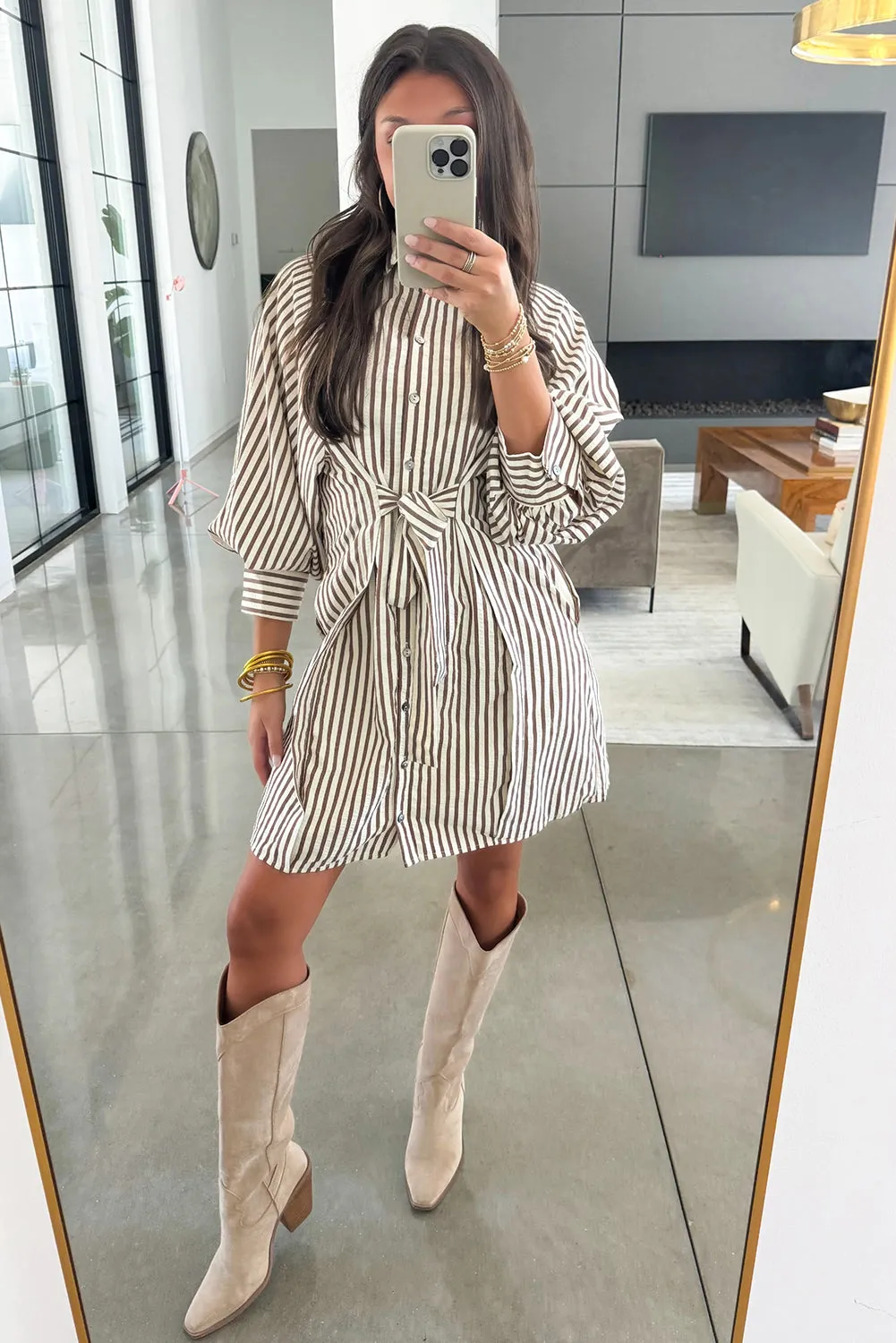Stripe Knot Waist Puff Sleeve Button Down Mini Shirt Dress sold by Beagle Boutique product image thumbnail 3
