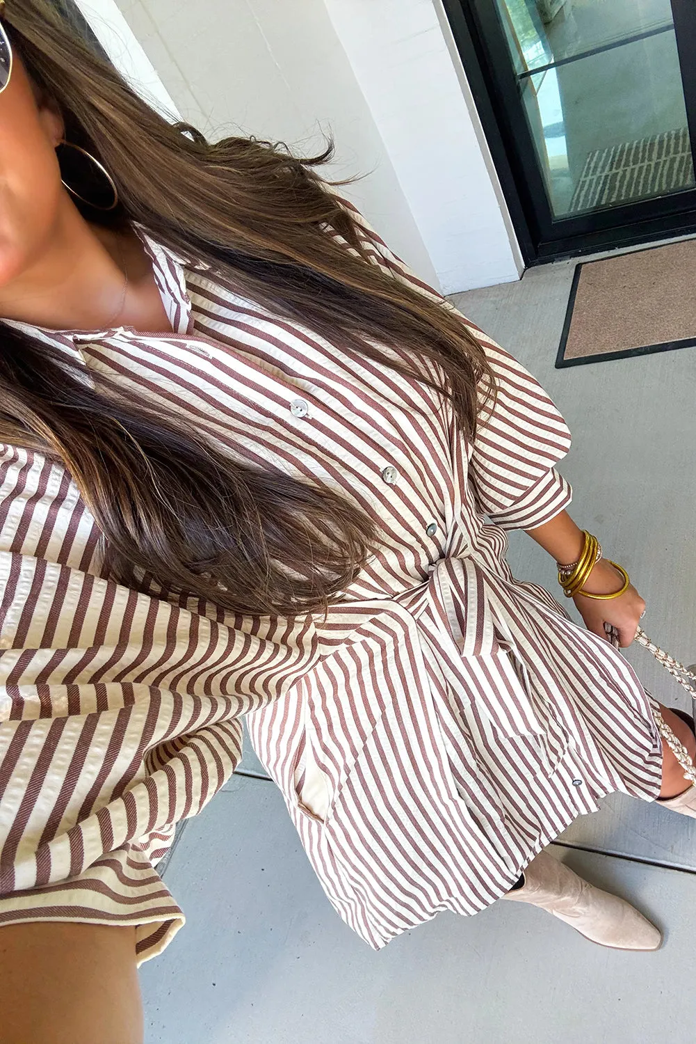 Stripe Knot Waist Puff Sleeve Button Down Mini Shirt Dress sold by Beagle Boutique product image thumbnail 5