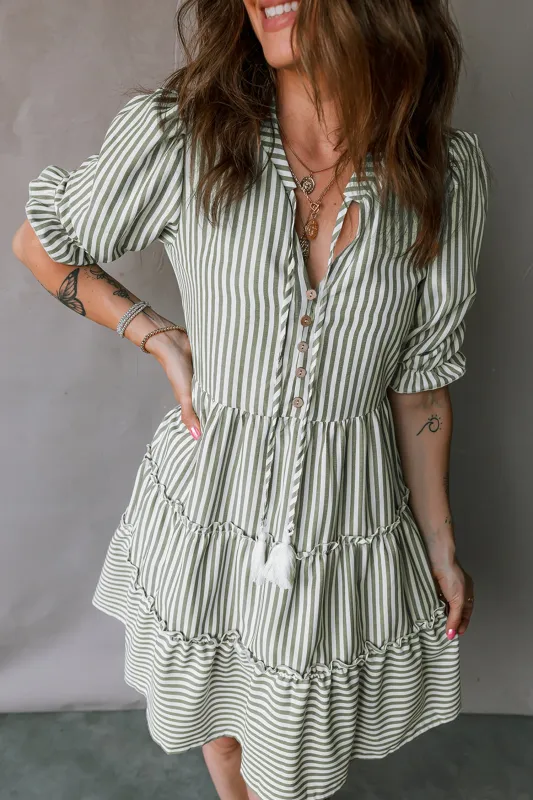 Stripe Tasseled Tie Neck Ruffled Short Sleeve Tiered Dress sold by Beagle Boutique
