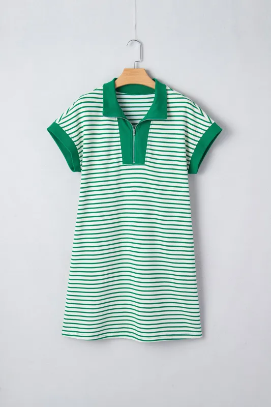 Stripe Quarter Zip Polo Collar T-Shirt Dress with Pockets sold by Beagle Boutique