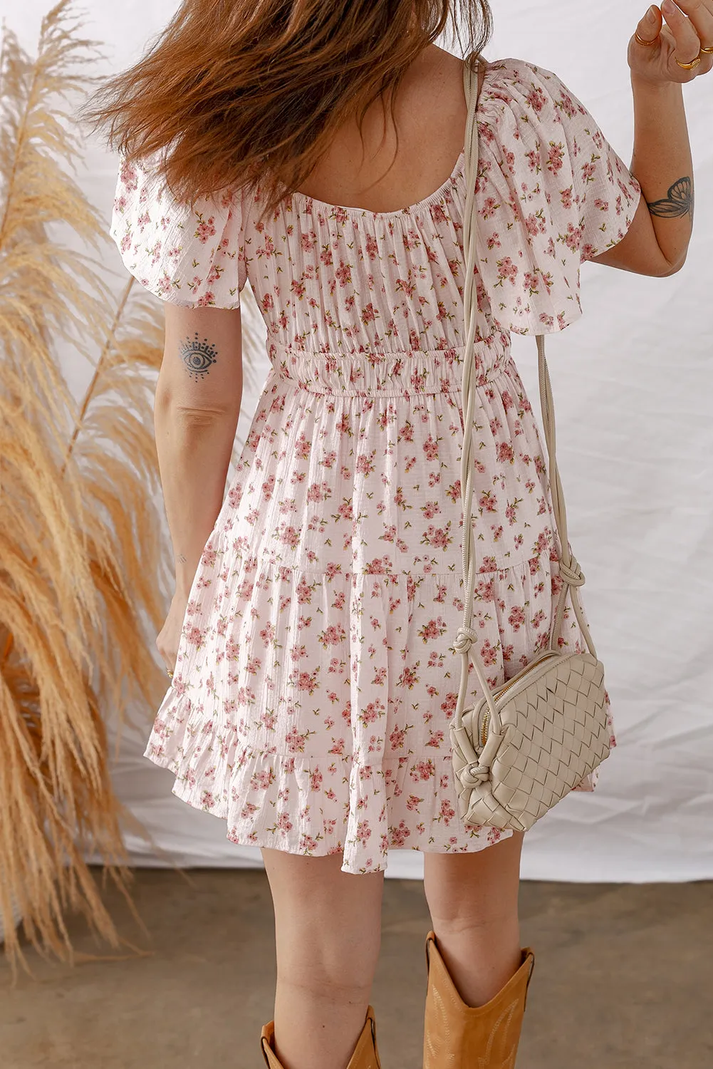 Front Tie Shirred Waist Short Sleeve Ruffled Floral Mini Dress sold by Beagle Boutique product image thumbnail 2