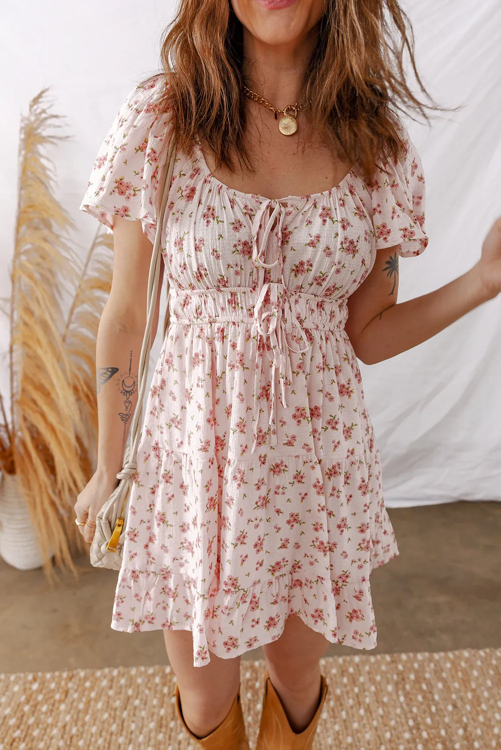 Front Tie Shirred Waist Short Sleeve Ruffled Floral Mini Dress sold by Beagle Boutique product image thumbnail 5