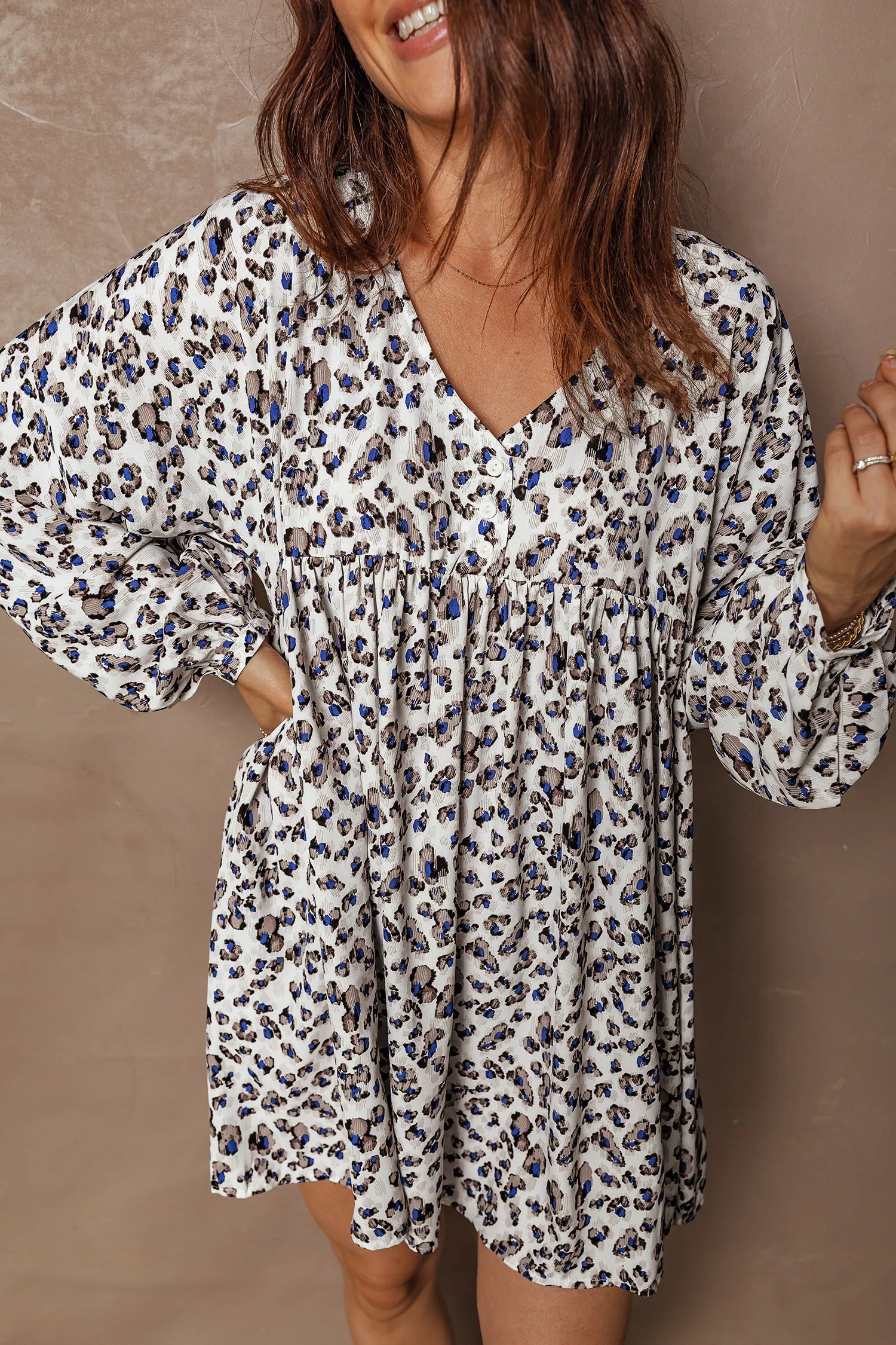 Multicolour Leopard Print V-Neck Button Detail Long Sleeve Mini Dress sold by Beagle Boutique product image thumbnail 4