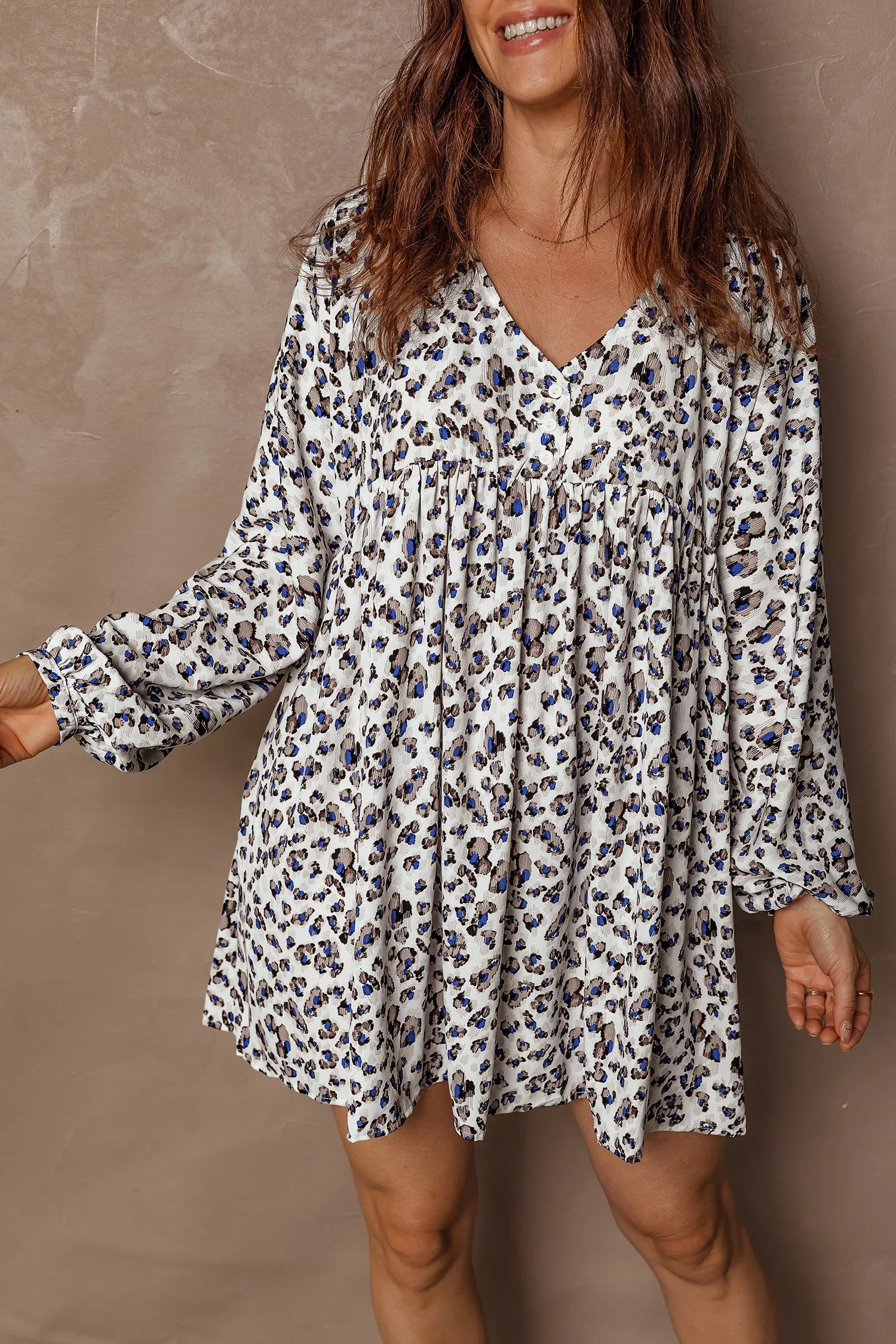 Multicolour Leopard Print V-Neck Button Detail Long Sleeve Mini Dress sold by Beagle Boutique product image thumbnail 3