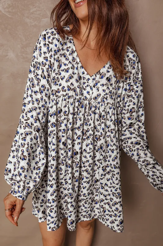 Multicolour Leopard Print V-Neck Button Detail Long Sleeve Mini Dress made by Beagle Boutique